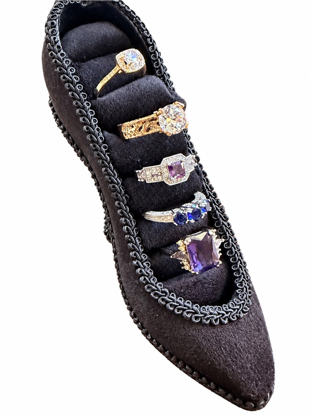 5 Beautiful Rings w/ Heeled Shoe Ring Holder